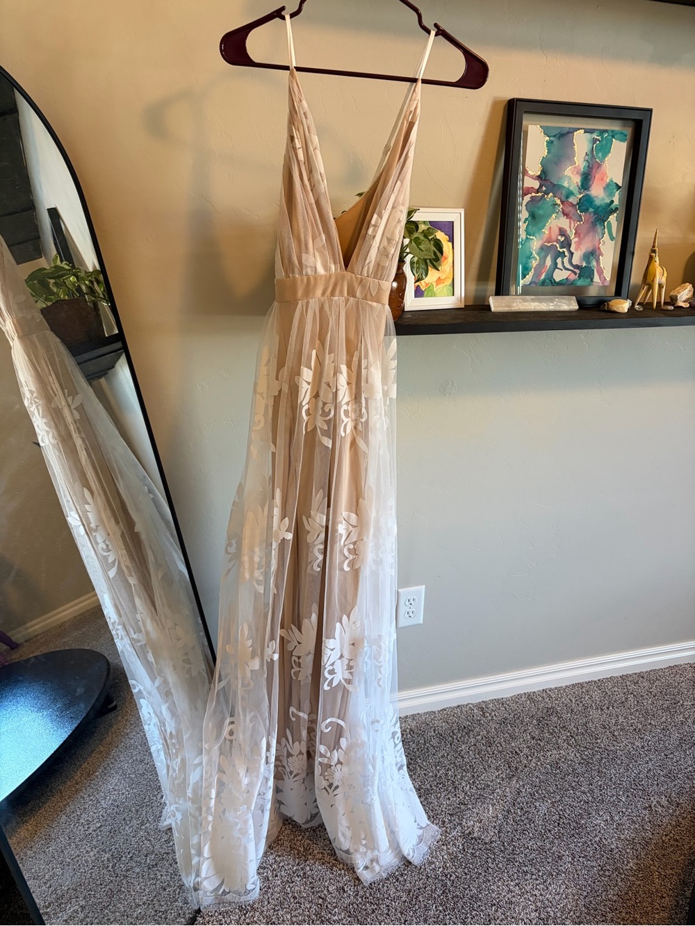 Nude/White Floor Length Maxi Dress